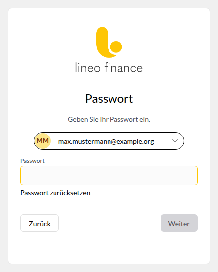 Passwort-Anmeldung mit leerem Passwortfeld und Passwort-zurücksetzen-Aktion