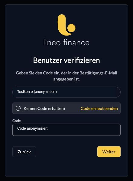 Einladung bestätigen mit E-Mail-Code und der Schaltfläche Weiter