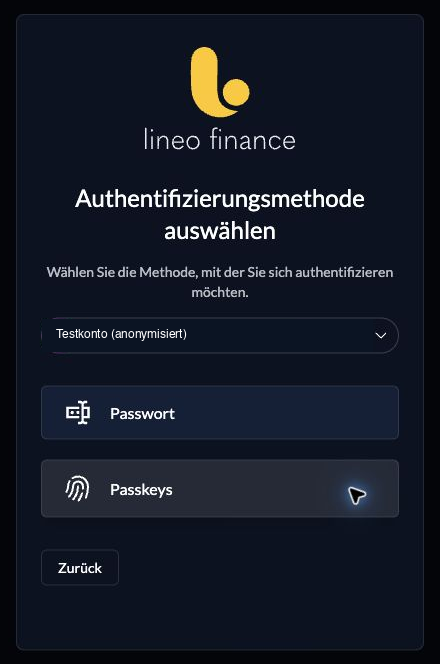 Auswahl des Anmeldewegs mit Passwort und Passkey als Möglichkeiten