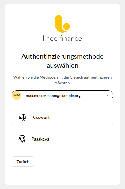 Auswahl des Anmeldewegs mit Passwort und Passkey als Möglichkeiten