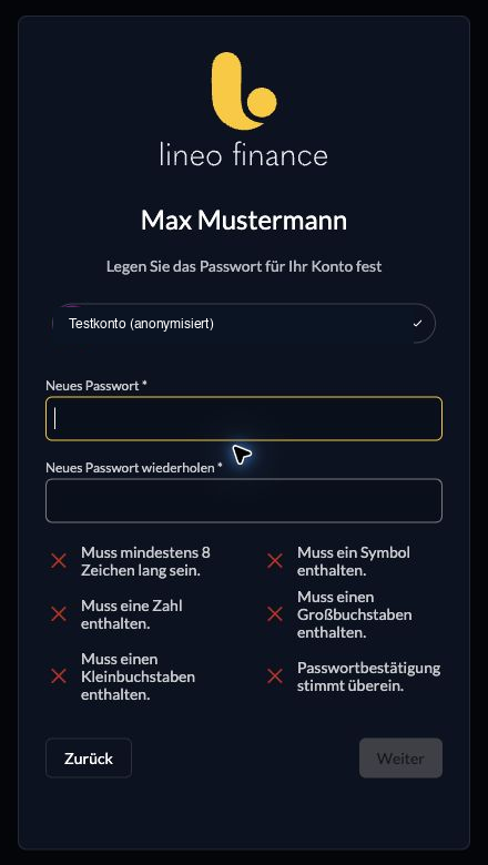 Passwort erstellen mit Wiederholung und den angezeigten Passwortanforderungen