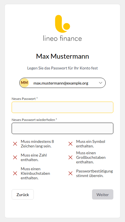 Passwort erstellen mit Wiederholung und den angezeigten Passwortanforderungen
