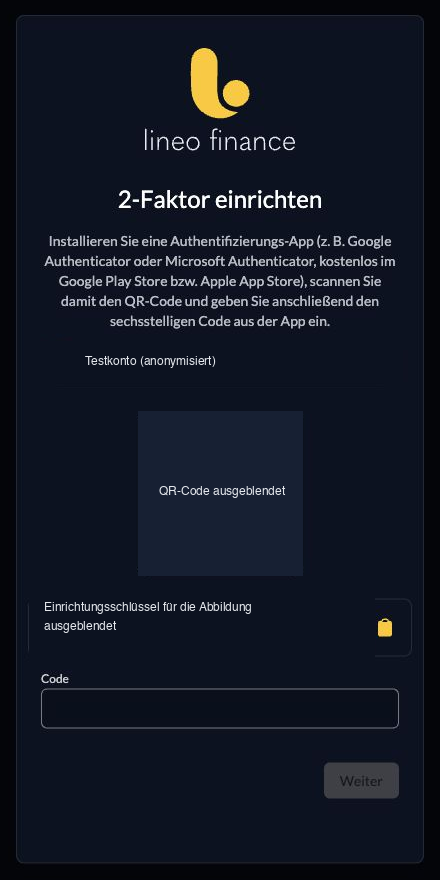 Authenticator-Einrichtung mit verdecktem QR-Code und Einrichtungsschlüssel sowie leerem Codefeld