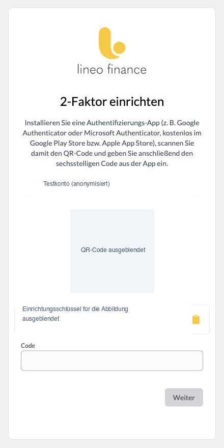 Authenticator-Einrichtung mit verdecktem QR-Code und Einrichtungsschlüssel sowie leerem Codefeld