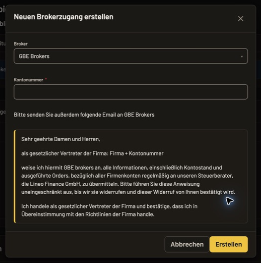 Neuer GBE-Brokerzugang mit Kontonummer und Hinweis zur E-Mail-Freigabe