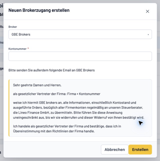 Neuer GBE-Brokerzugang mit Kontonummer und Hinweis zur E-Mail-Freigabe