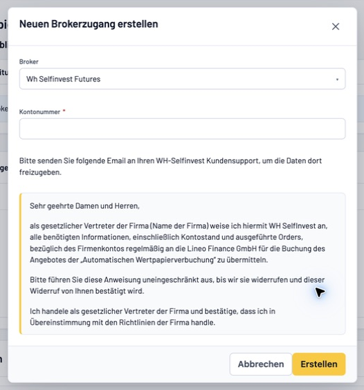 Neuer WH-SelfInvest-Futures-Zugang mit Kontonummer und Freigabehinweis