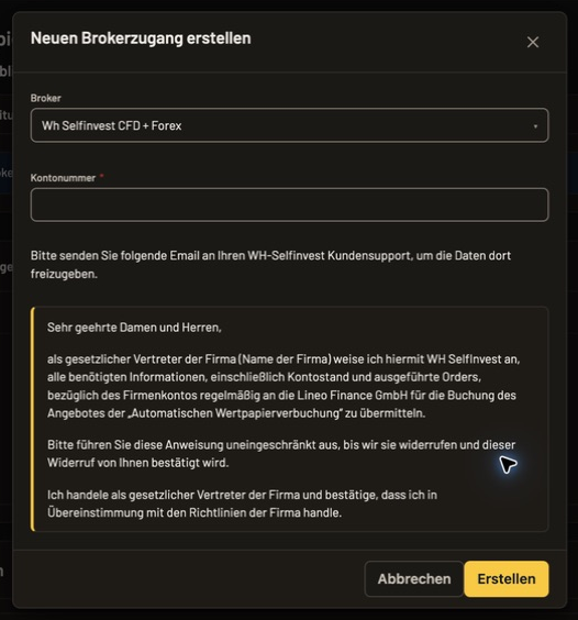 Neuer WH-SelfInvest-CFD-und-Forex-Zugang mit Kontonummer und Freigabehinweis