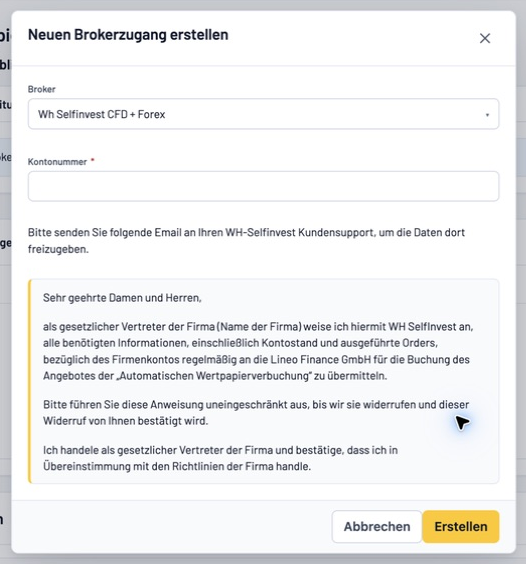 Neuer WH-SelfInvest-CFD-und-Forex-Zugang mit Kontonummer und Freigabehinweis