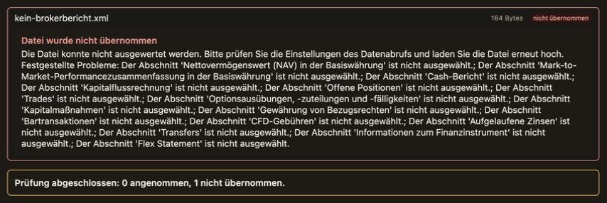 Nicht übernommene XML-Datei mit konkreten Hinweisen auf fehlende Berichtabschnitte
