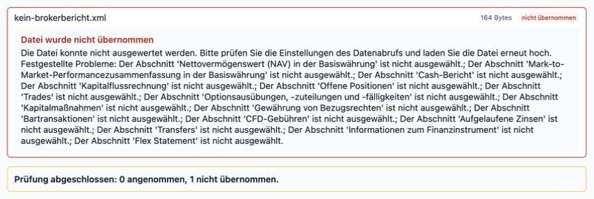 Nicht übernommene XML-Datei mit konkreten Hinweisen auf fehlende Berichtabschnitte