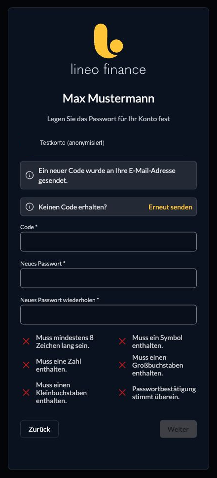 Passwort zurücksetzen mit bestätigtem E-Mail-Codeversand und leerem Formular