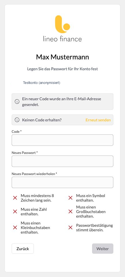Passwort zurücksetzen mit bestätigtem E-Mail-Codeversand und leerem Formular
