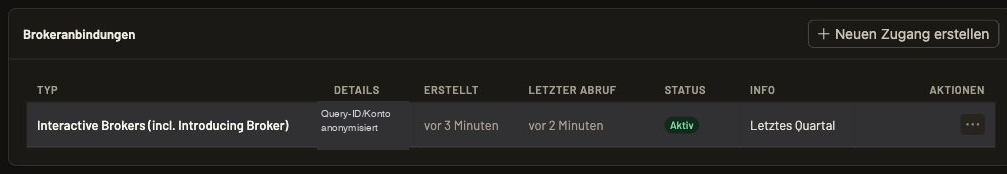 Brokeranbindung in der Kundenansicht mit Status Aktiv