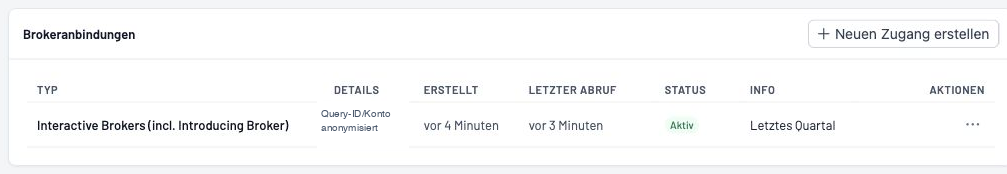 Brokeranbindung in der Kundenansicht mit Status Aktiv
