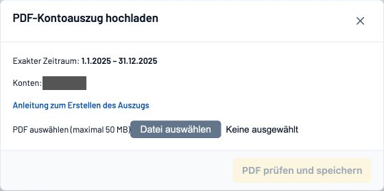 Dialog „PDF-Kontoauszug hochladen“ mit exaktem Zeitraum, verdeckter Kontonummer und Dateiauswahl für ein PDF bis 50 MB