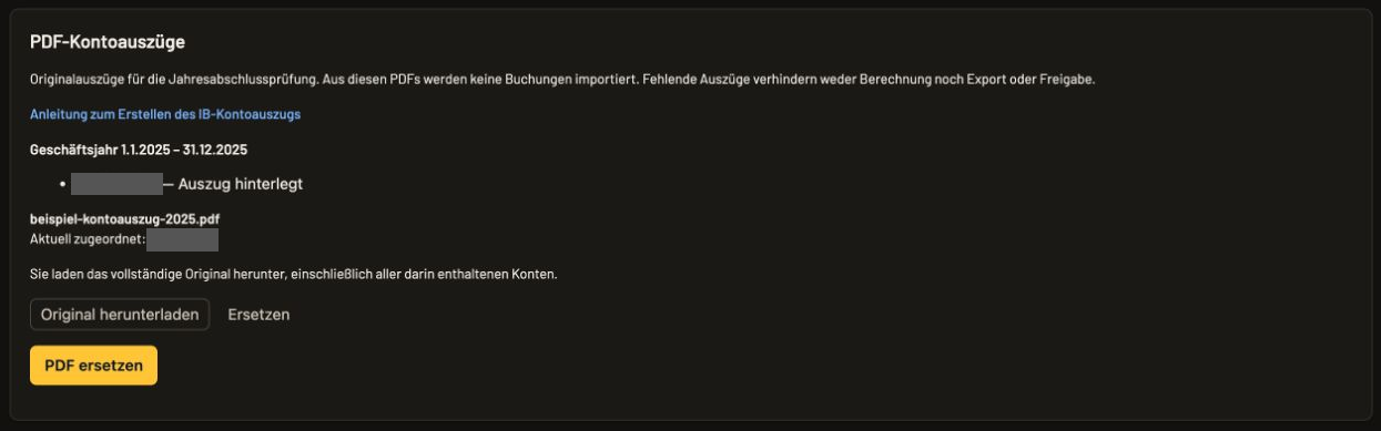 Bereich „PDF-Kontoauszüge“ nach erfolgreichem Upload mit Status „Auszug hinterlegt“, gespeicherter PDF-Datei und verdeckten Kontonummern