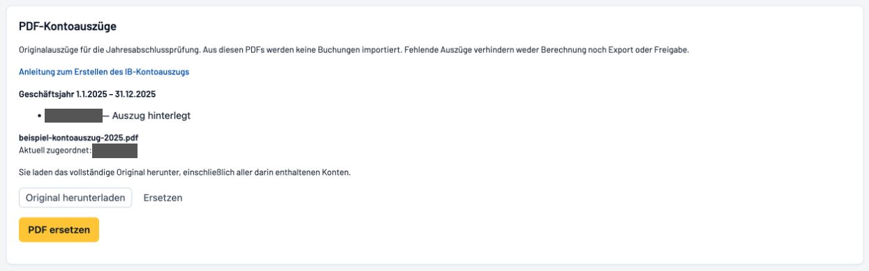 Bereich „PDF-Kontoauszüge“ nach erfolgreichem Upload mit Status „Auszug hinterlegt“, gespeicherter PDF-Datei und verdeckten Kontonummern