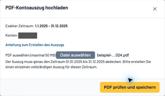 Upload-Dialog mit verdeckter Kontonummer und Ablehnung wegen eines abweichenden Zeitraums: Erforderlich ist ein vollständiger Auszug vom 01.01.2025 bis 31.12.2025