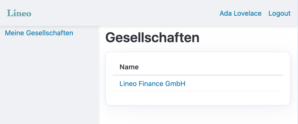 Screenshot der lineo finance Anwendung mit einer Übersicht zur Gesellschaftsverwaltung – zeigt die automatische Buchhaltung für Wertpapiere einer GmbH