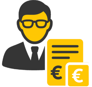 Symbol eines Steuerberaters mit Brille und Dokumenten mit Eurozeichen