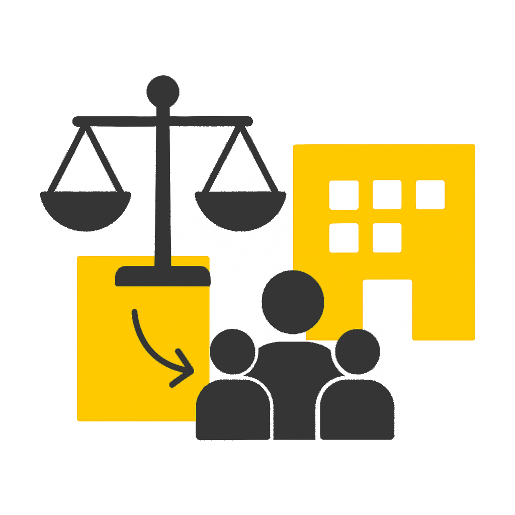Illustration mit Waage, Personen-Icon und Gebäuden – symbolisiert steuerliche Betreuung von vermögensverwaltenden GmbHs, AGs und Familienstiftungen durch Steuerkanzleien
